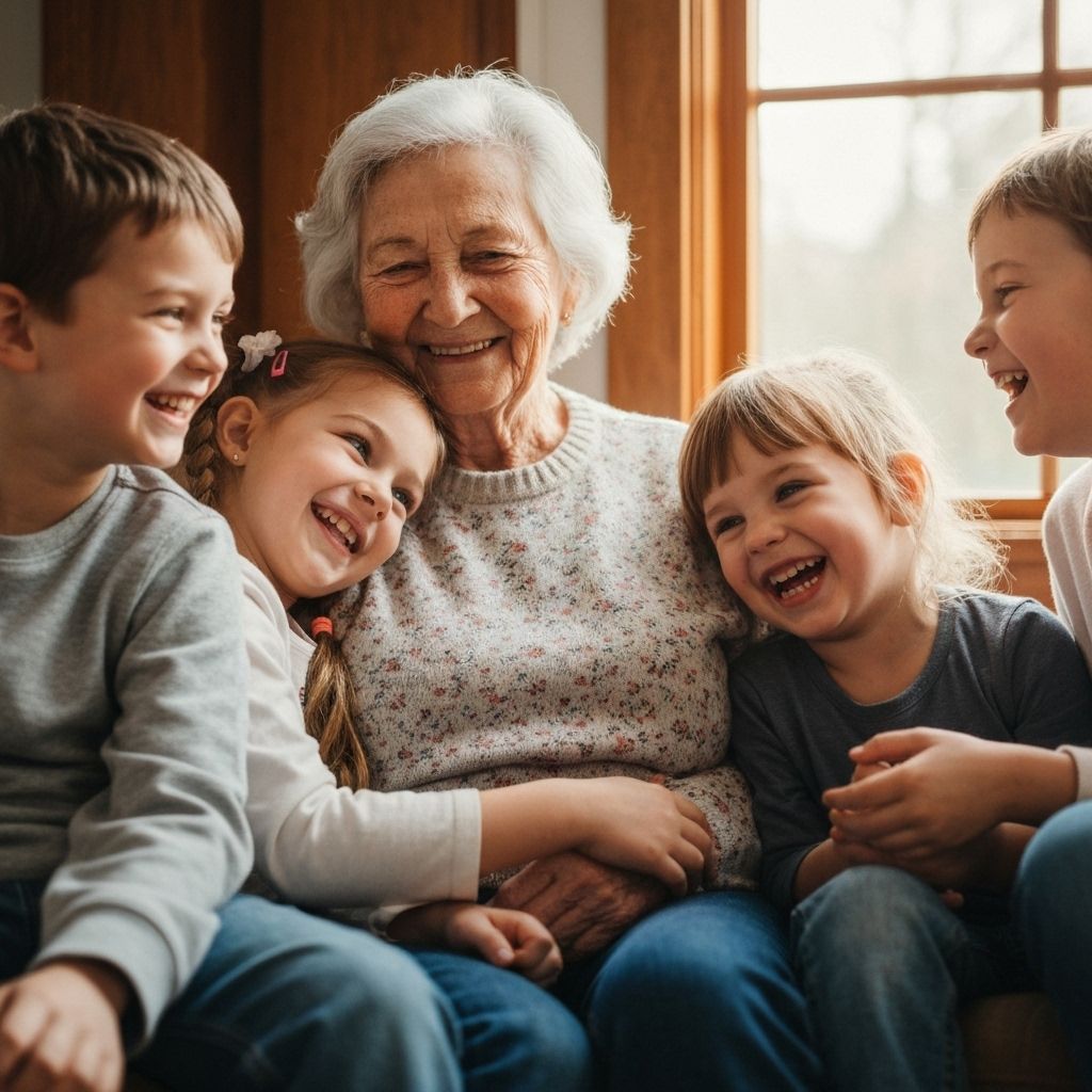 Grandparent with phone, kids around